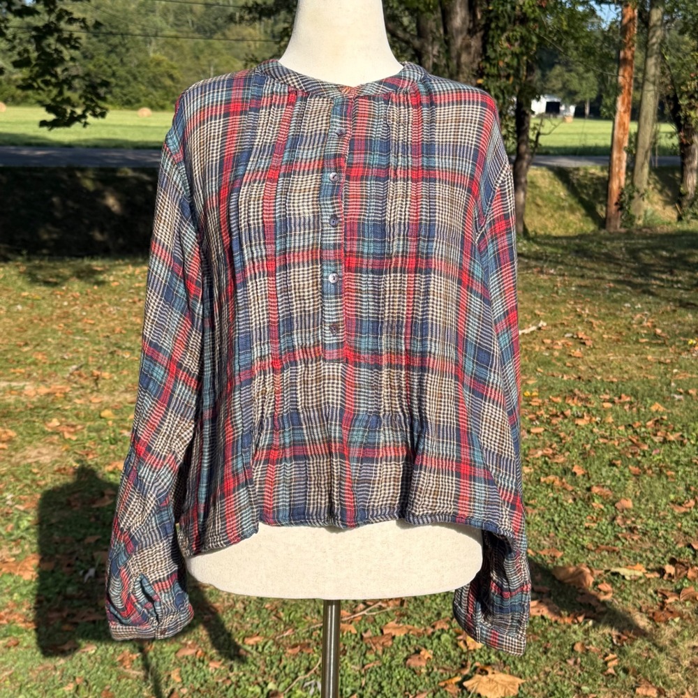 Natural Life Womens XL Plaid Cotton Gauze Pintuck Button Front Boho Blouse Red